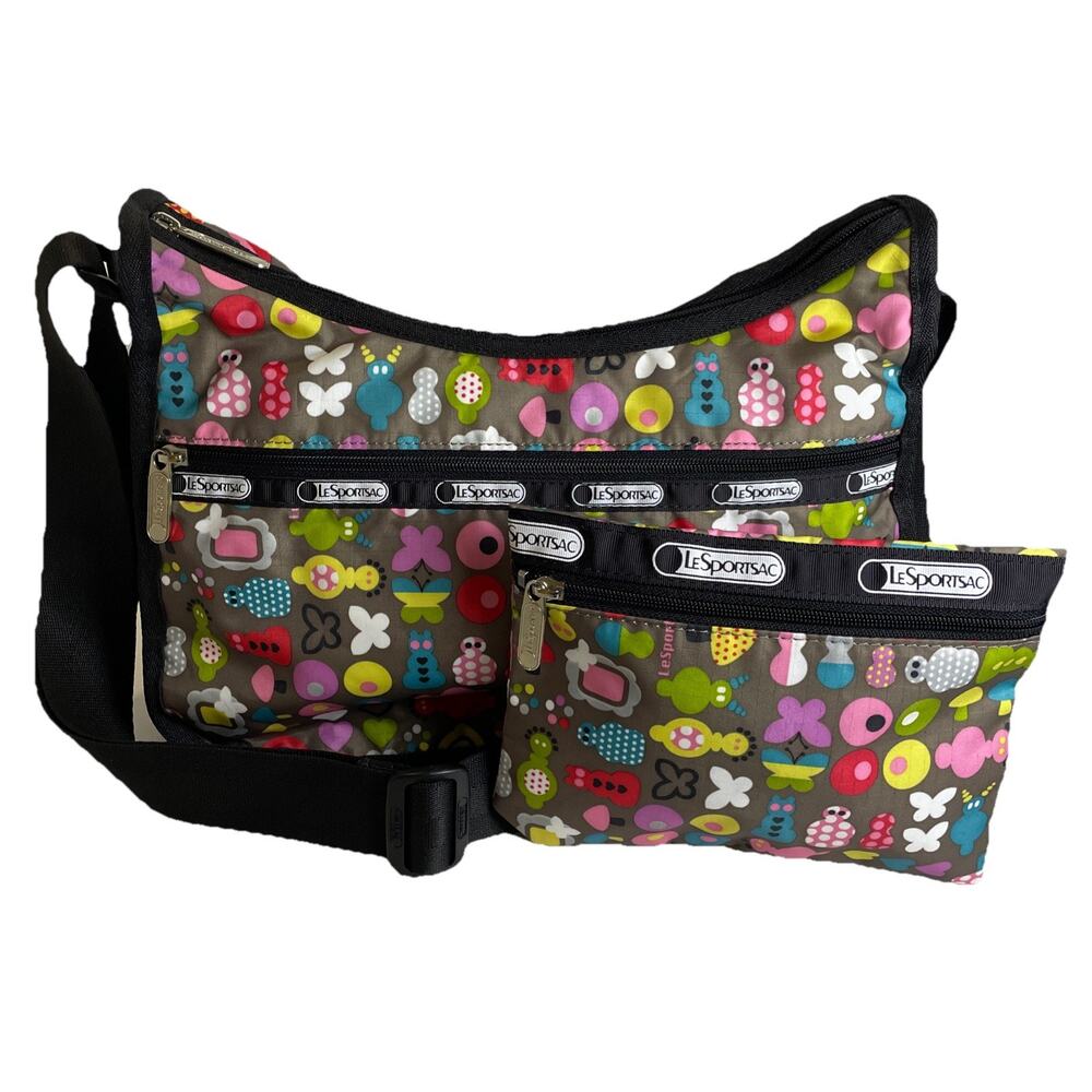Lesportsac Crossbody Bag “Toot” Print Butterflies Mushrooms/Taupe